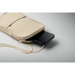 A beige pouch with a zip, featuring an open pocket that holds a black smartphone.