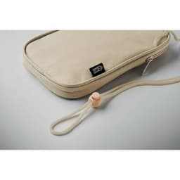 A beige pouch with a zip closure and a toggle cord, featuring a small logo on the side.