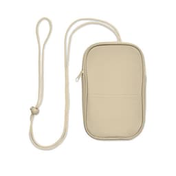 A beige pouch with a zip closure and a detachable strap. Features a front pocket and a logo.