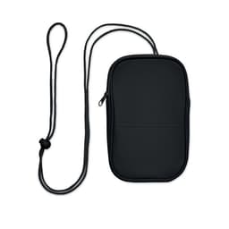A black pouch with a zip closure and adjustable strap, featuring a smooth surface and one front pocket.