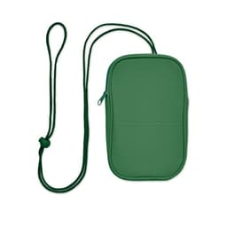 A green pouch with a zipper and a neck strap, featuring a front pocket and a smooth finish.