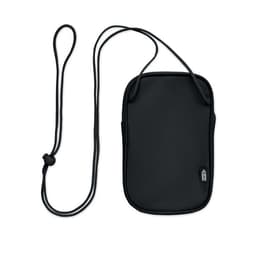 A black pouch with a long strap, featuring a textured surface and a simple logo.