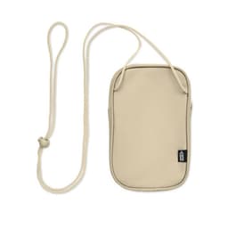 A beige pouch with a strap, featuring a zip closure and a small logo.