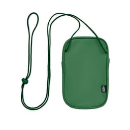 A green pouch with a neck strap, featuring a textured surface and an attached branding label.