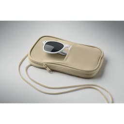 A beige pouch with a zipper, featuring a pair of white sunglasses resting on top.