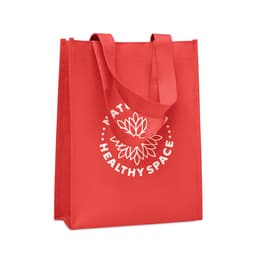 A red tote bag with two handles and a white logo design on the front.