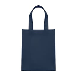 A navy blue tote bag with two handles and a simple design, featuring a logo on one side.
