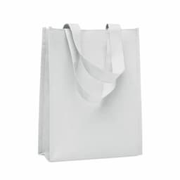 A reusable tote bag in light grey with sturdy handles and a simple design. It features a logo on one side.