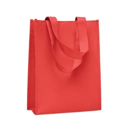 A reusable shopping bag in vibrant red with two sturdy handles and a flat bottom. It has a simple design and no visible branding.