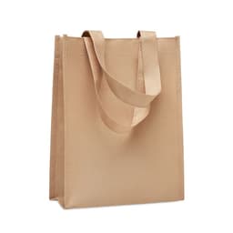 A tote bag in a light beige colour with two fabric handles and a structured design. It has a branding logo.
