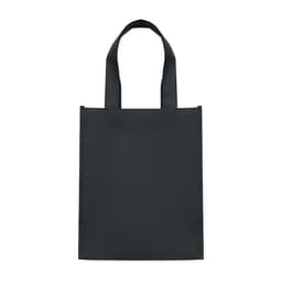 A black tote bag with two handles and a simple, unembellished design. It features a logo on one side.