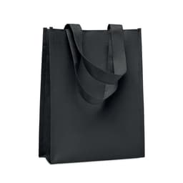 A black tote bag with sturdy handles, crafted from durable material. The bag has a simple and sleek design.