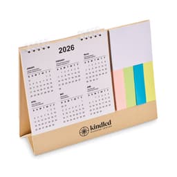 A desk calendar for 2026 with a spiral top, featuring months and dates, and colourful sticky notes in pastel colours.