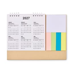 A desk calendar for 2027 with a spiral binding, featuring months and colourful sticky notes in pastels.