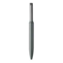 A pen in a sleek grey design with a smooth, rounded body and a clip on the side. It features a minimalist style.