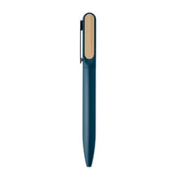 A pen with a navy blue barrel and a wooden accent on the clip. It features a sleek design and a logo.