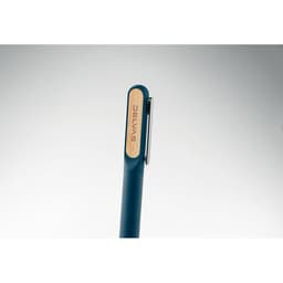 A blue pen with a wooden accent and a silver clip. The pen features a branding logo on the side.