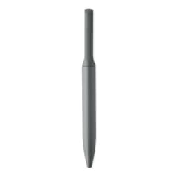 A grey pen with a smooth, streamlined design, featuring a capped top and a tapered tip.