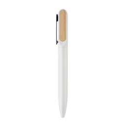 A pen with a white body and a bamboo accent on the top, featuring a clip for securing.