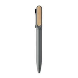A pen with a grey body and a wooden clip. It features a sleek and modern design.