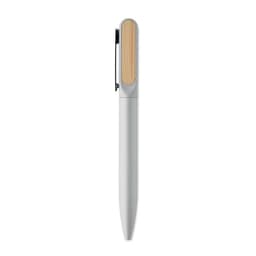 A pen with a sleek grey body and a bamboo clip, featuring a simple design and a black accent.