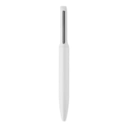 A white pen featuring a sleek design and a small transparent window. It has a smooth, minimalist look.