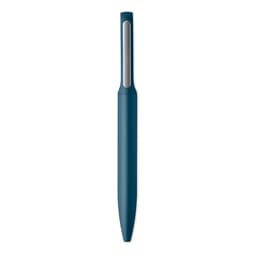 A blue pen with a sleek design and a silver accent, featuring a logo on the side.