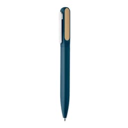 A blue pen with a gold clip and trim, featuring a smooth, sleek design and a logo on the barrel.