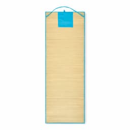 A promotional product named Rafia featuring a beige mat with a blue trim and a hanging loop at the top.