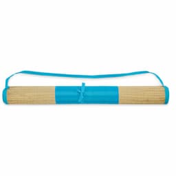 A rolled mat featuring a natural beige texture and bright blue accents, secured with a matching strap.
