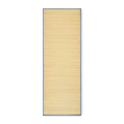 A beige drink bottle mat with blue edges and a smooth texture. It features a logo on one side.