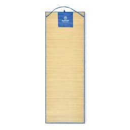 A sun lounge mat in beige with a blue top and a logo on it. The mat is rolled out flat and has a hanging strap.