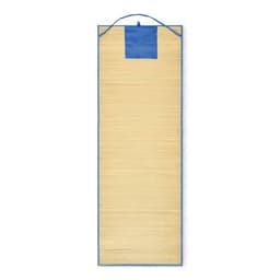 A mat with a beige surface and blue trim, featuring a hanging loop at the top. It includes a logo.