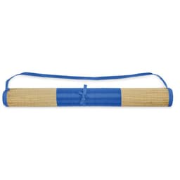 A rolled mat with a blue strap, featuring a natural woven texture and blue accents. It has a logo on the side.