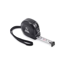 A black tape measure with a retractable measuring tape featuring centimetre markings and a logo.
