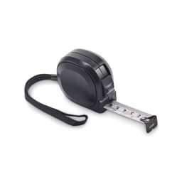 A black tape measure with a retractable metal tape and a measuring scale. It features a wrist strap for easy handling.