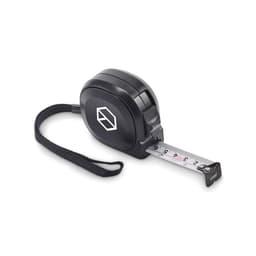 A black measuring tape with a logo, featuring a retractable tape marked in both inches and centimetres.