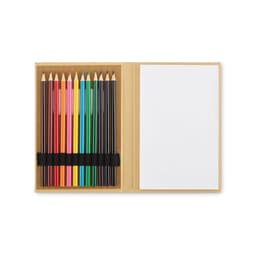 A stationery set featuring a selection of coloured pencils in various hues and a blank notepad in a brown case.