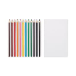 A set of coloured pencils in various shades lined up beside a blank notepad. The pencils are vibrant and include an array of colours.