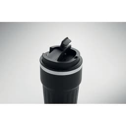 A drink bottle in black with a silver band and a flip-top lid. It features a logo on the side.