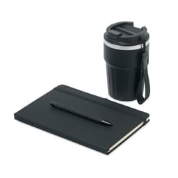 A black drink bottle and a black notebook with an elastic band, accompanied by a black pen. The bottle features a handle.