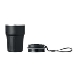 A black drink bottle with a stainless steel lid and a detachable base. It features a logo on the side.