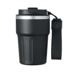 A drink bottle in matte black with a silver band and a detachable black strap. Features a textured grip design.
