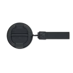 A black promotional product with a strap, featuring a round shape and a textured surface. It has a logo.