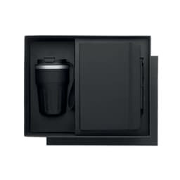 A black gift box containing a black drink bottle and a black notebook. The set features a sleek, modern design.