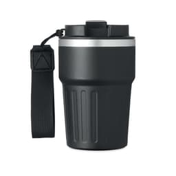 A drink bottle in matte black with a silver band and a textured grip, featuring a detachable strap.