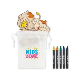 A white bag with a "Kids Zone" design containing animal-shaped crayons and five colourful wax crayons in various hues.