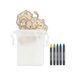 A drawstring bag containing wooden animal cutouts and six coloured crayons in green, yellow, orange, blue, brown, and black.
