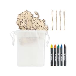 A drawstring bag containing wooden animal shapes and five colourful crayons for creative activities.
