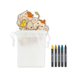 An organised bag contains animal-themed wooden toys and six colourful crayons in yellow, orange, green, blue, and black.